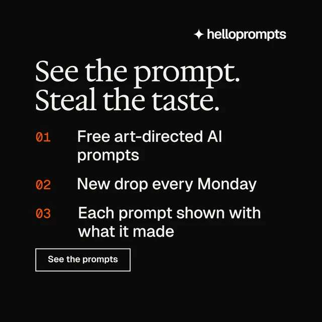 Instagram post for HelloPrompts: "See the prompt. Steal the taste.". Editorial style, numbered layout, dark palette in black, grey.