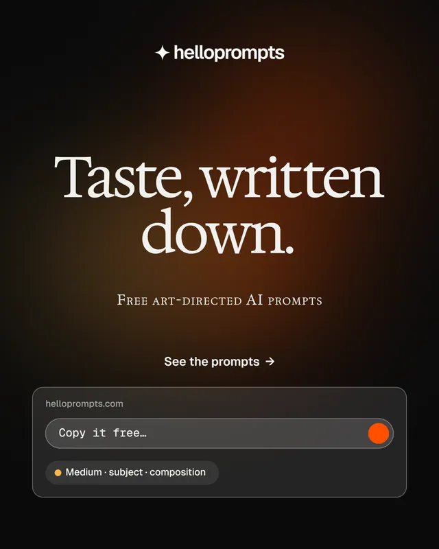 Instagram portrait post for HelloPrompts: "Taste, written down.". Y2K style, smallcaps layout, dark palette in black, orange, grey.