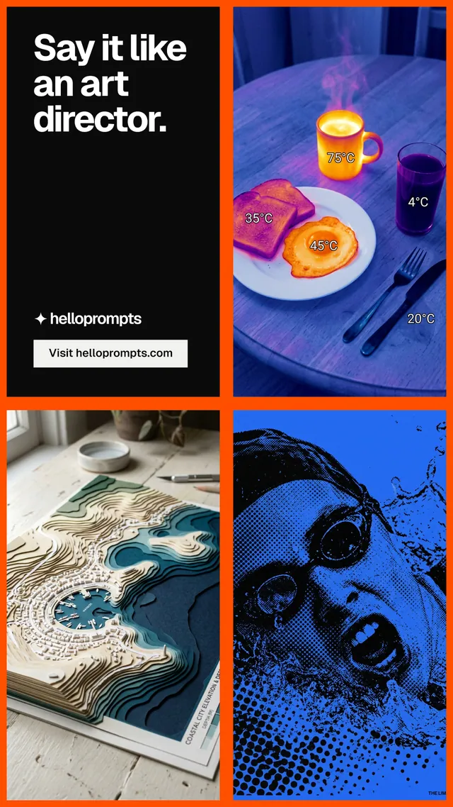 Instagram story for HelloPrompts: "Say it like an art director.". Split block style, collage layout, dark palette in black, blue, purple.