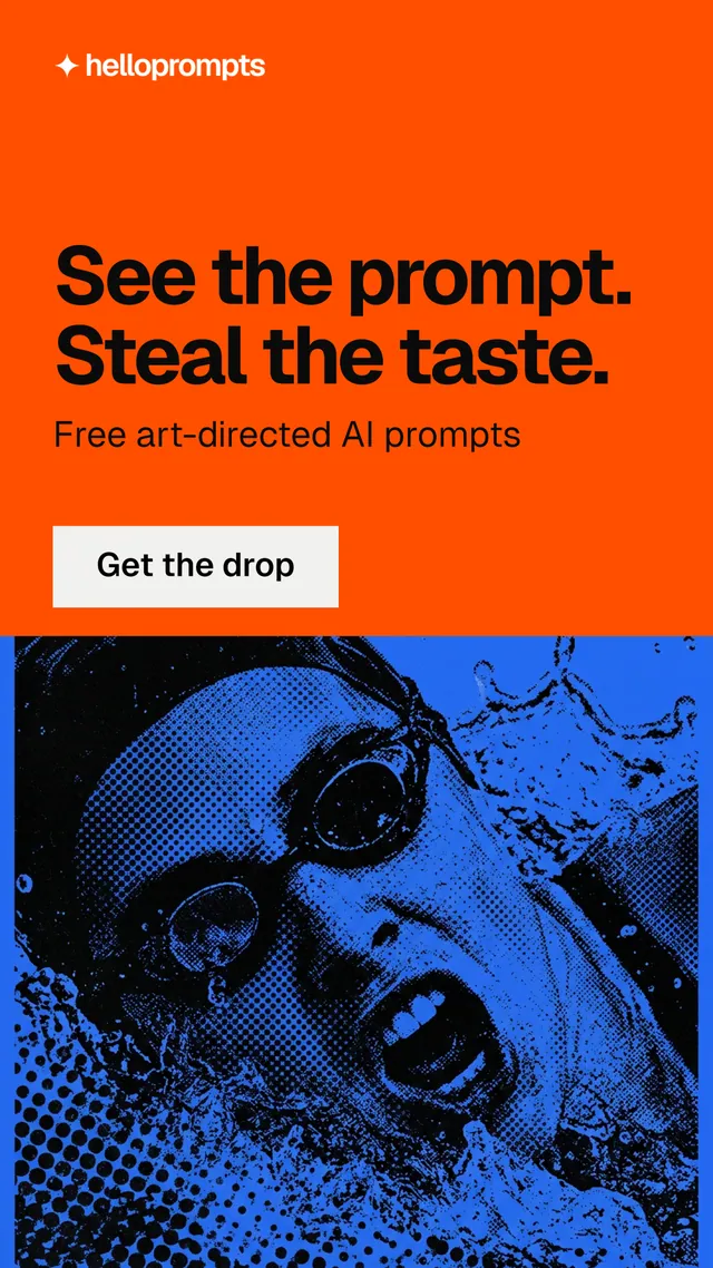 Instagram story for HelloPrompts: "See the prompt. Steal the taste.". Swiss style, skeleton layout, dark palette in orange, black, blue.