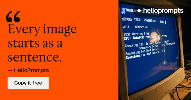 Social ad for HelloPrompts: "Prompts that show their work.". Split block style, quote layout, dark palette in orange, blue, brown.