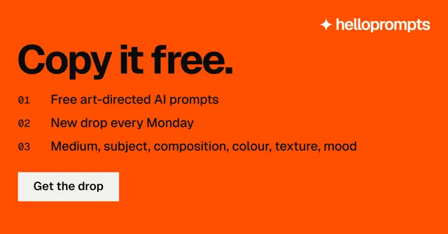 Social ad for HelloPrompts: "Copy it free.". Swiss style, numbered layout, dark palette in orange.