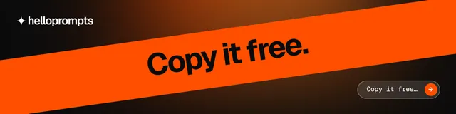 LinkedIn banner for HelloPrompts: "Copy it free.". Agentic glass style, diagonal layout, dark palette in orange, black.