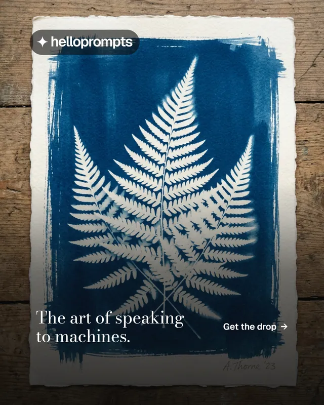 Instagram portrait post for HelloPrompts: "The art of speaking to machines.". Minimal luxury style, image led layout, dark palette in blue, black, grey.