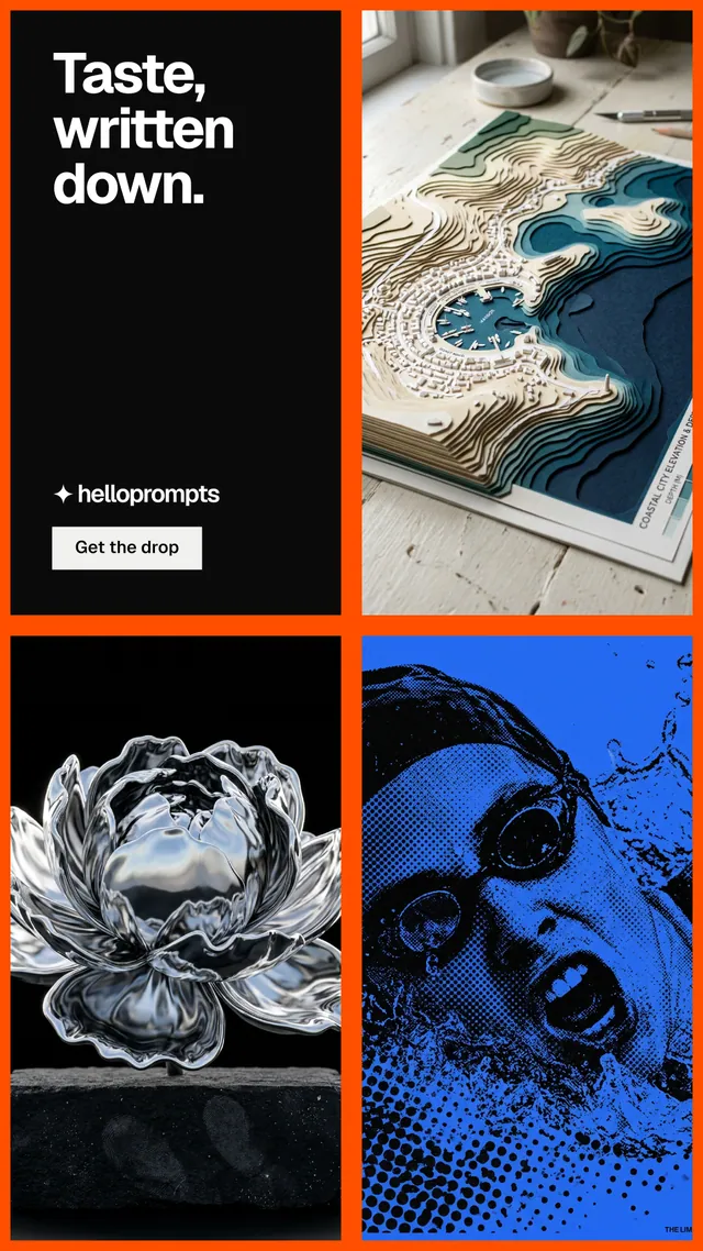Instagram story for HelloPrompts: "Taste, written down.". Split block style, collage layout, dark palette in grey, black.
