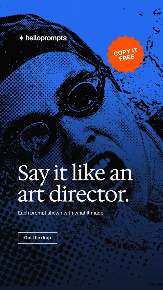Instagram story for HelloPrompts: "Say it like an art director." Editorial style, sticker layout, dark palette in blue, black.