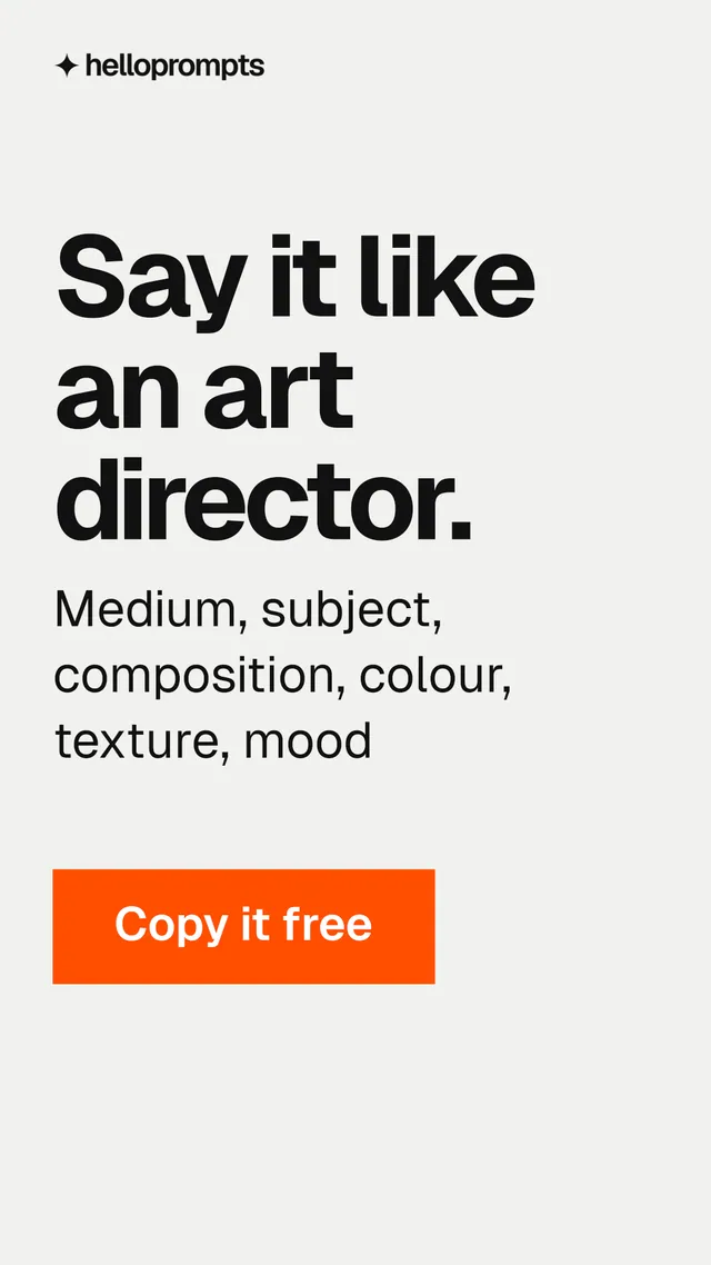 Instagram story for HelloPrompts: "Say it like an art director." Swiss style, skeleton layout, light palette in white, brown.
