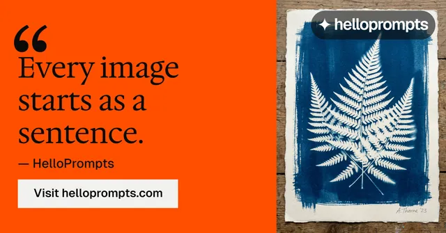 Social ad for HelloPrompts: "Every image starts as a sentence." Split block style, quote layout, light palette in orange, grey, red.
