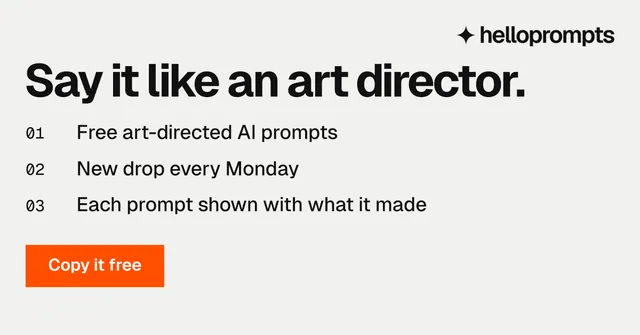 Social ad for HelloPrompts: "Say it like an art director." Swiss style, numbered layout, light palette in white, orange, grey.