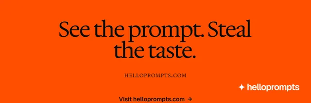 X header for HelloPrompts: "See the prompt. Steal the taste." Swiss style, smallcaps layout, dark palette in orange.