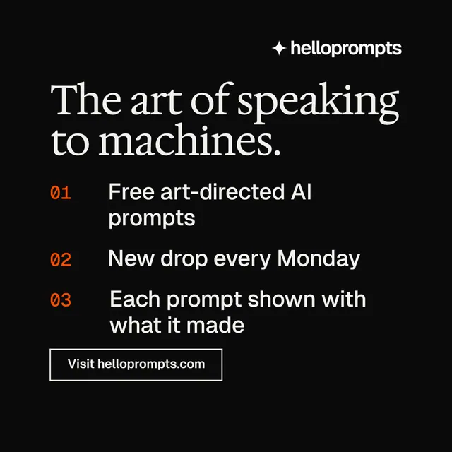 Instagram post for HelloPrompts: "The art of speaking to machines." Editorial style, numbered layout, dark palette in black, grey.