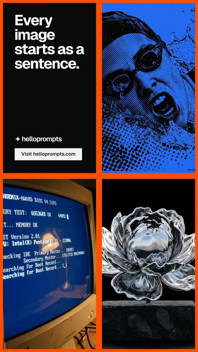 Instagram story for HelloPrompts: "Every image starts as a sentence." Split block style, collage layout, dark palette in black, blue, red.