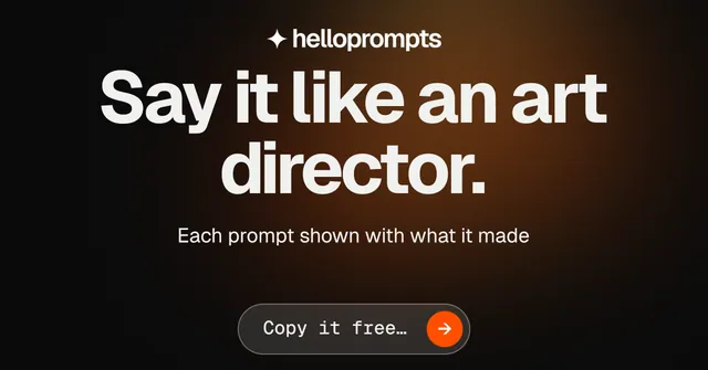 Social ad for HelloPrompts: "Say it like an art director." Agentic glass style, centred layout, dark palette in orange, black, grey.
