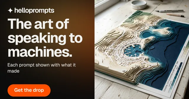 Social ad for HelloPrompts: "The art of speaking to machines." Y2K style, bottom layout, dark palette in grey, black, orange.