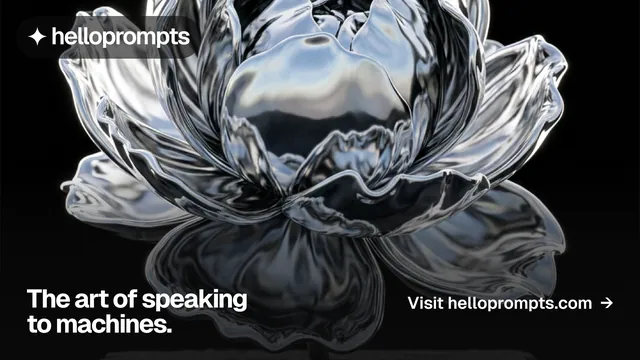 Landscape graphic for HelloPrompts: "The art of speaking to machines." Swiss style, image led layout, dark palette in black, grey.