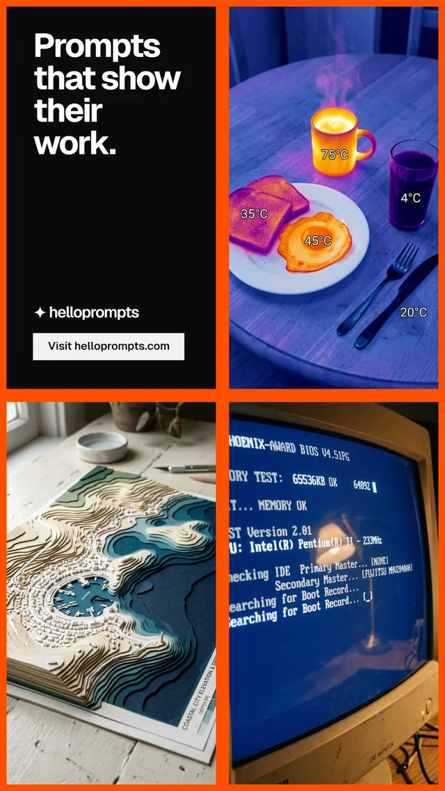 Instagram story for HelloPrompts: "Prompts that show their work." Split block style, collage layout, dark palette in black, grey.