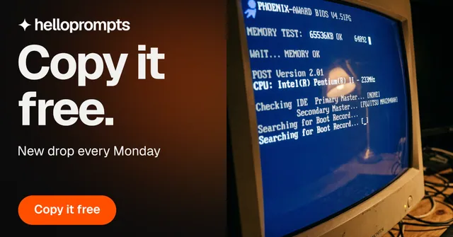 Social ad for HelloPrompts: "Copy it free." Y2K style, bottom layout, dark palette in black, blue, red.