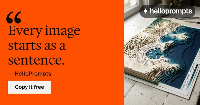 Social ad for HelloPrompts: "Every image starts as a sentence." Split block style, quote layout, light palette in orange, grey, brown.