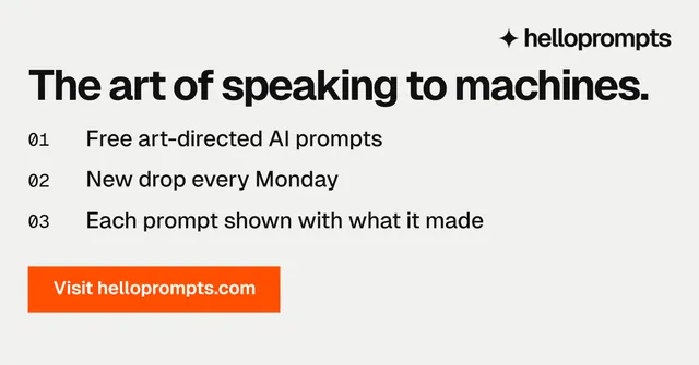 Social ad for HelloPrompts: "The art of speaking to machines." Swiss style, numbered layout, light palette in white, brown, grey.