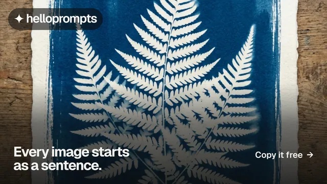 Landscape graphic for HelloPrompts: "Every image starts as a sentence." Swiss style, image led layout, dark palette in blue, grey, white.