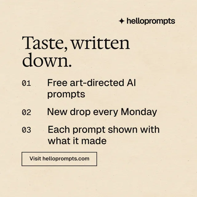 Instagram post for HelloPrompts: "Taste, written down." Editorial style, numbered layout, light palette in orange, grey.