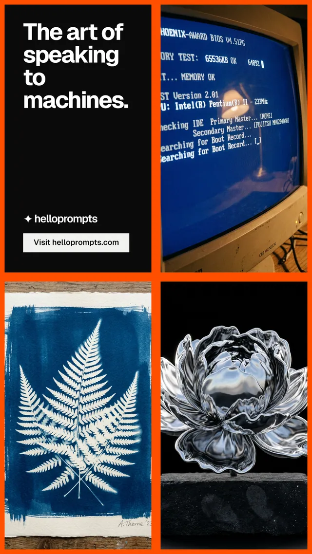Instagram story for HelloPrompts: "The art of speaking to machines." Split block style, collage layout, dark palette in black, red, grey.