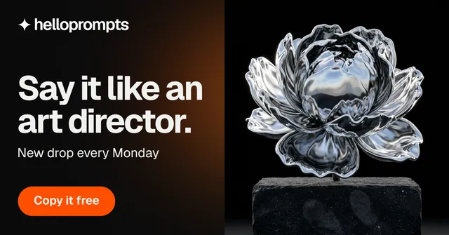 Social ad for HelloPrompts: "Say it like an art director." Y2K style, bottom layout, dark palette in grey, black, orange.