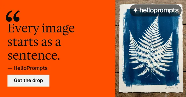 Social ad for HelloPrompts: "The sentence behind the image." Split block style, quote layout, light palette in orange, grey, red.