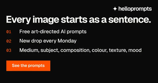 Social ad for HelloPrompts: "Every image starts as a sentence." Swiss style, numbered layout, dark palette in black, orange.