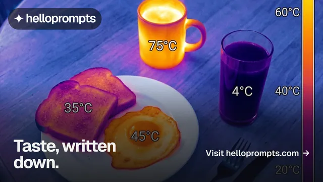 Landscape graphic for HelloPrompts: "Taste, written down." Swiss style, image led layout, dark palette in blue, pink, orange.