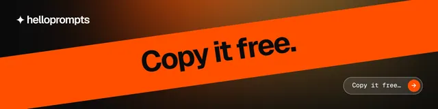 LinkedIn banner for HelloPrompts: "Copy it free." Agentic glass style, diagonal layout, dark palette in orange, black.