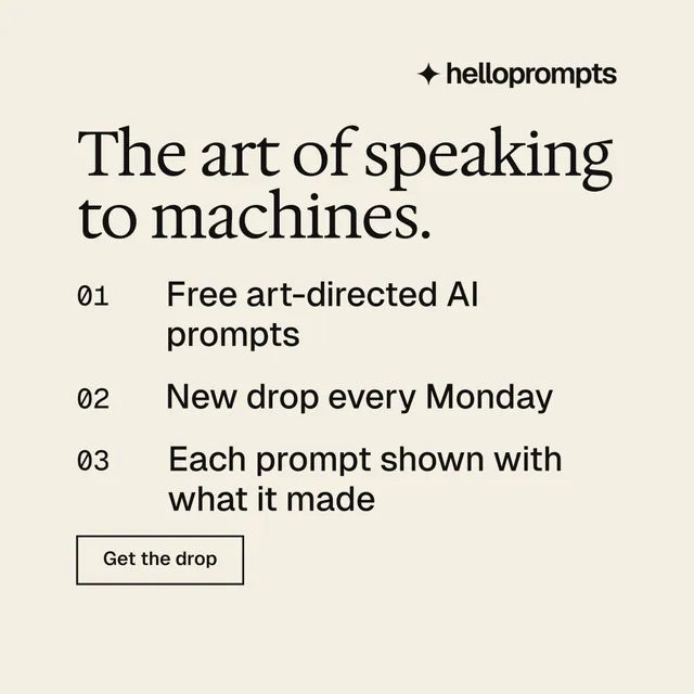 Instagram post for HelloPrompts: "The art of speaking to machines." Editorial style, numbered layout, light palette in white, grey, yellow.