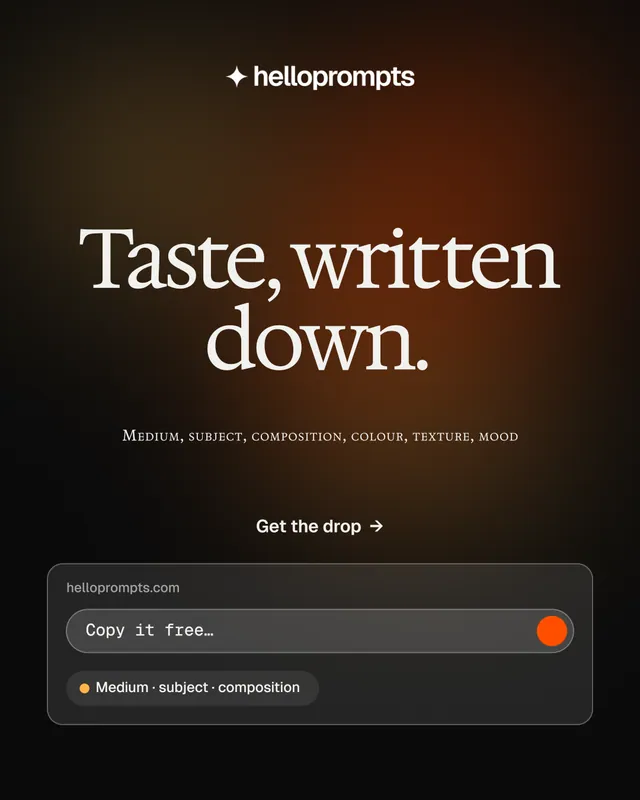 Instagram portrait post for HelloPrompts: "Taste, written down." Y2K style, smallcaps layout, dark palette in orange, black, grey.