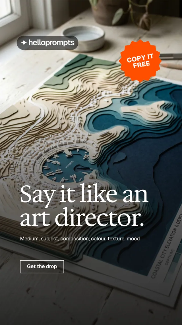 Instagram story for HelloPrompts: "Say it like an art director." Editorial style, sticker layout, dark palette in grey, black.