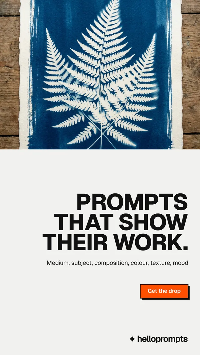 Instagram story for HelloPrompts: "Prompts that show their work." Brutalist style, right layout, light palette in white, blue, grey.