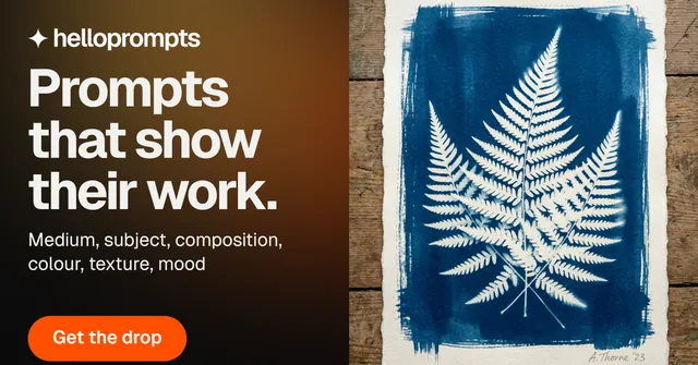 Social ad for HelloPrompts: "Prompts that show their work." Y2K style, bottom layout, dark palette in blue, orange, grey.