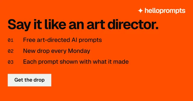 Social ad for HelloPrompts: "Say it like an art director." Swiss style, numbered layout, dark palette in orange.