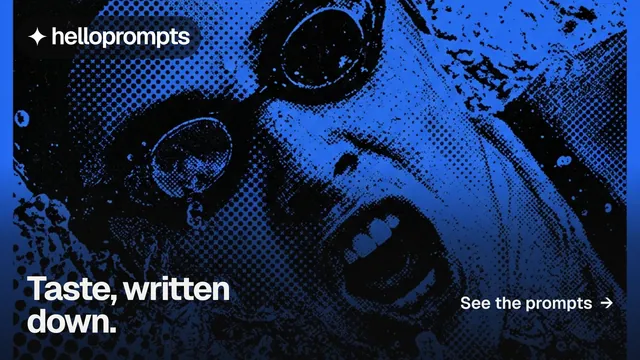 Landscape graphic for HelloPrompts: "Taste, written down." Swiss style, image led layout, dark palette in black, blue.