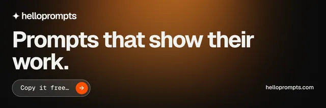 X header for HelloPrompts: "Prompts that show their work." Agentic glass style, poster layout, dark palette in orange, black, brown.