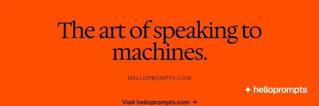 X header for HelloPrompts: "The art of speaking to machines." Swiss style, smallcaps layout, dark palette in orange.