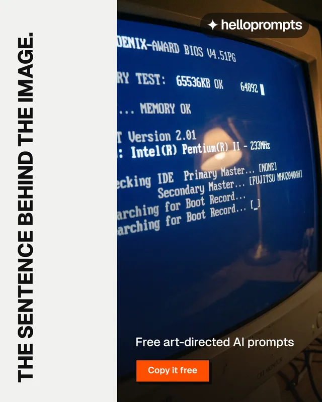 Instagram portrait post for HelloPrompts: "The sentence behind the image." Brutalist style, vertical layout, light palette in blue, white, black.