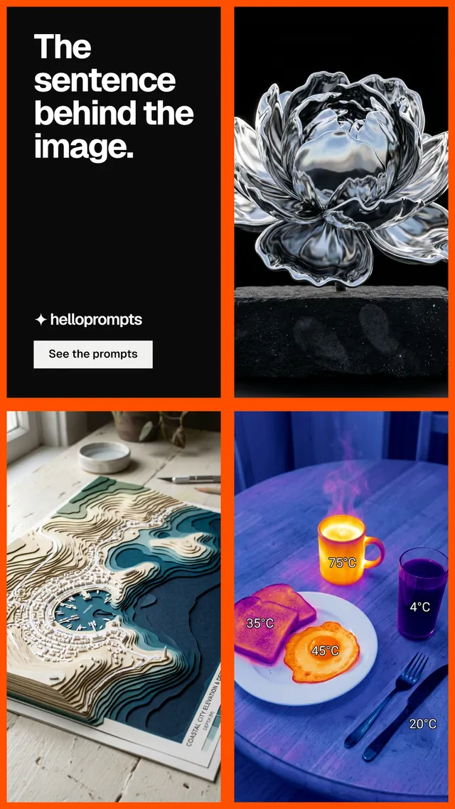 Instagram story for HelloPrompts: "The sentence behind the image." Split block style, collage layout, dark palette in black, grey, pink.