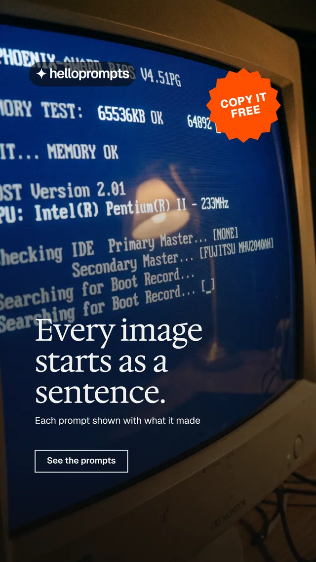 Instagram story for HelloPrompts: "Every image starts as a sentence." Editorial style, sticker layout, dark palette in blue, black, grey.