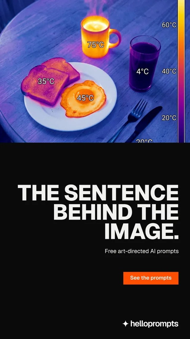 Instagram story for HelloPrompts: "The sentence behind the image." Brutalist style, right layout, dark palette in black, blue, grey.