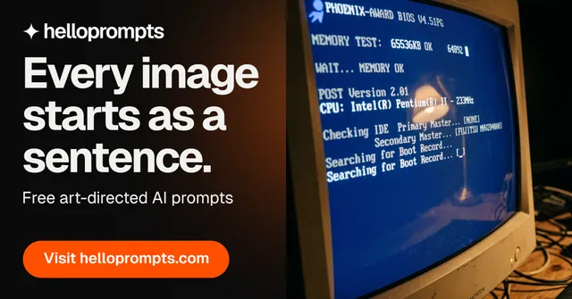 Social ad for HelloPrompts: "Every image starts as a sentence." Y2K style, bottom layout, dark palette in blue, black, orange.