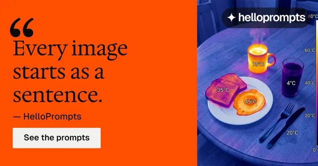 Social ad for HelloPrompts: "Prompts that show their work." Split block style, quote layout, dark palette in orange, blue, grey.