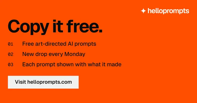 Social ad for HelloPrompts: "Copy it free." Swiss style, numbered layout, dark palette in orange.