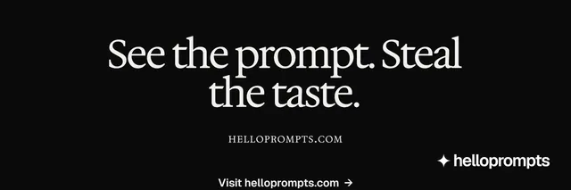 X header for HelloPrompts: "See the prompt. Steal the taste." Swiss style, smallcaps layout, dark palette in black.