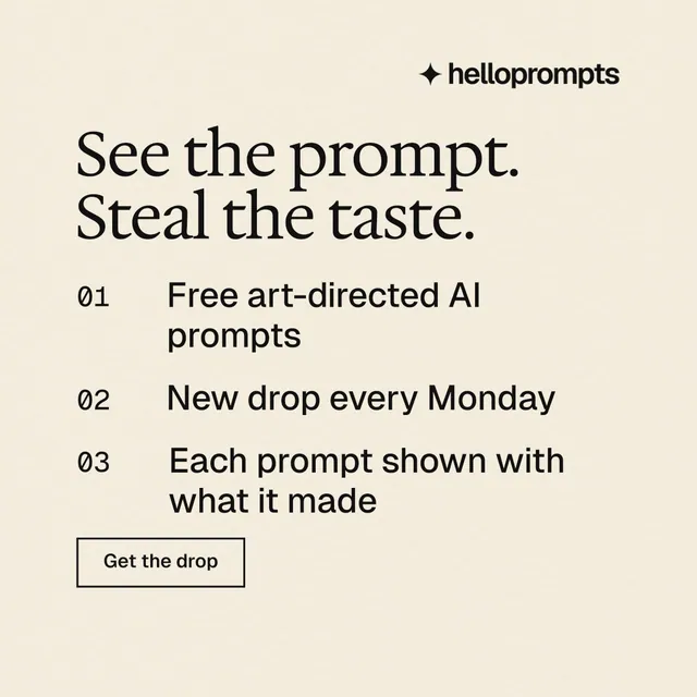 Instagram post for HelloPrompts: "See the prompt. Steal the taste." Editorial style, numbered layout, light palette in yellow, grey.