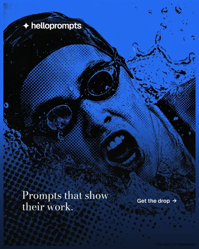 Instagram portrait post for HelloPrompts: "Prompts that show their work." Minimal luxury style, image led layout, dark palette in blue, black.